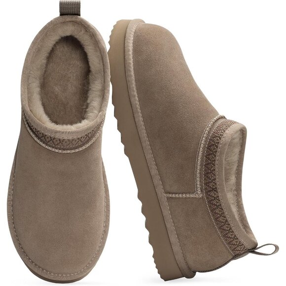 Shoes - Women's Suede Mini Boots Fuzzy Snow Boots Short Ankle Boot Fur Lined Gary Brown